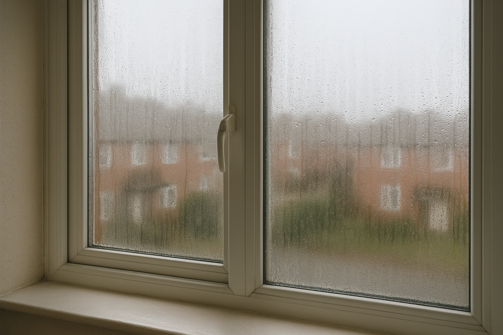 Heavy condensation on windows in a UK home, with water droplets running down double-glazed glass showing harmful moisture buildup and poor ventilation