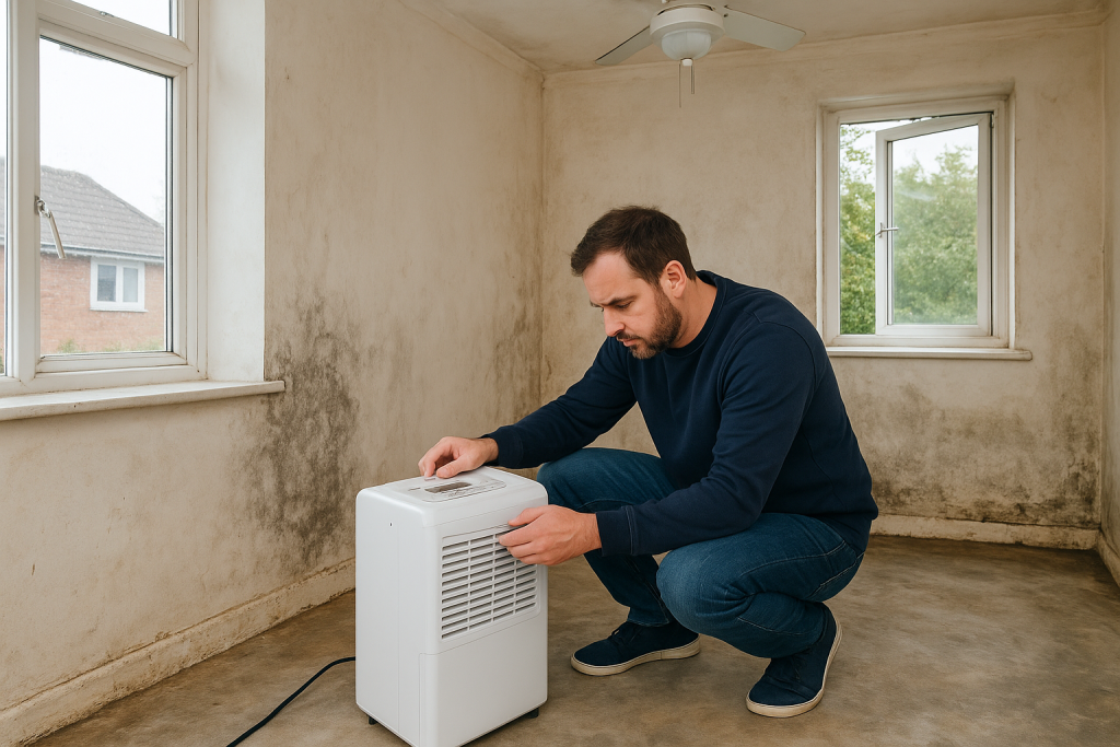 UK homeowner setting up a dehumidifier in a damp room with open windows and doors, ceiling fan running, helping ventilate and dry out walls affected by rising damp