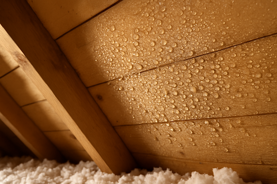 Condensation droplets forming on the underside of a wooden loft roof, showing moisture buildup and insulation below in a warm light.