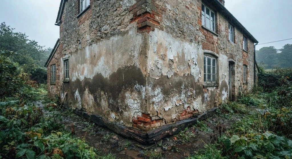 A detailed exterior photograph of a derelict stone and brick cottage corner, heavily overgrown with weeds under a grey, wet sky. The lower render and brickwork show severe signs of rising damp, with a distinct horizontal tide mark, extensive salt efflorescence (white powdery deposits), and large areas of peeling, flaking paint and plaster. The ground is waterlogged, and the structure appears aged and neglected.