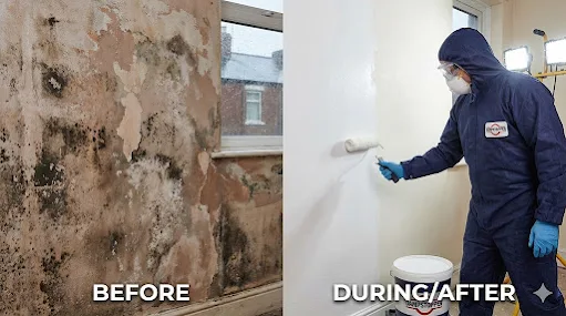 Split photo showing a moldy wall before treatment, and a professional in blue kit applying Dampstopper paint during treatment.
