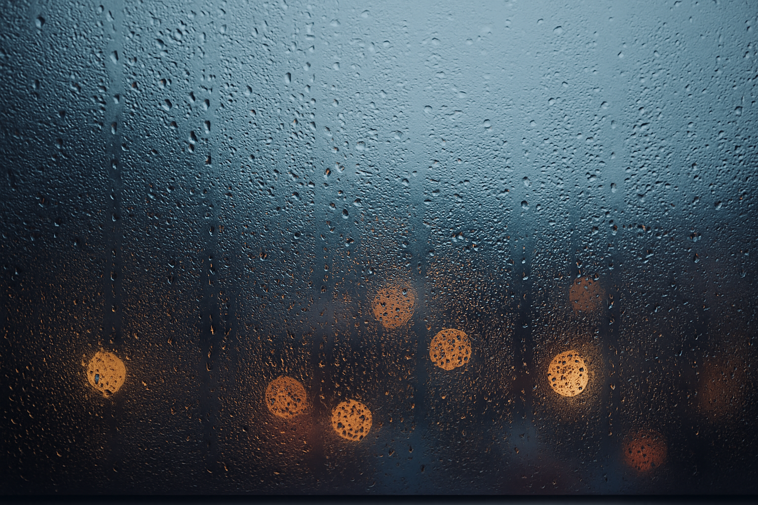 Close-up of a window covered in condensation droplets at night, with blurred city lights glowing softly in the background.