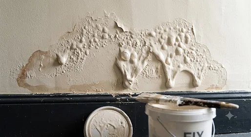 Severe paint blistering and bubbling on a damp wall caused by painting directly over trapped moisture, with a paintbrush resting on a paint tin in the foreground.