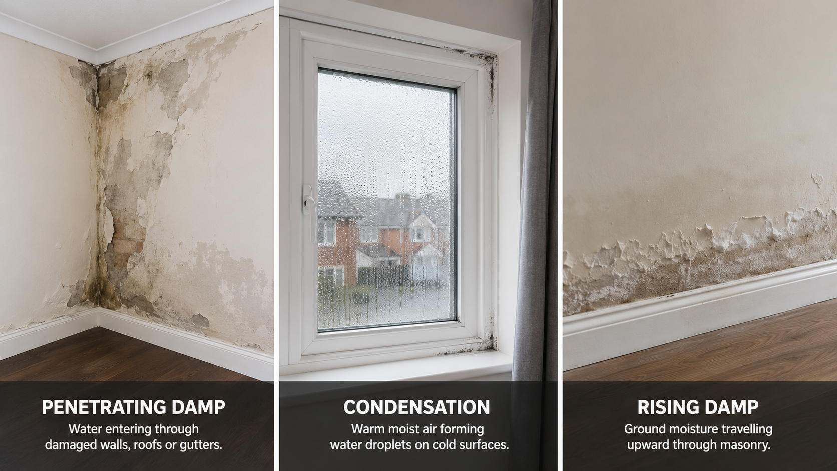 Penetrating damp vs condensation vs rising damp infographic showing the key differences between the three types of damp in UK homes, including common signs, causes, and where each type typically appears.