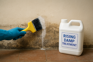 A close-up landscape photograph showing rising damp treatment being applied to a damaged wall. A gloved hand uses a yellow-handled brush to coat the damp-stained plaster with a white solution. Beside the wall, a white plastic container labeled “RISING DAMP TREATMENT” sits on the tiled floor