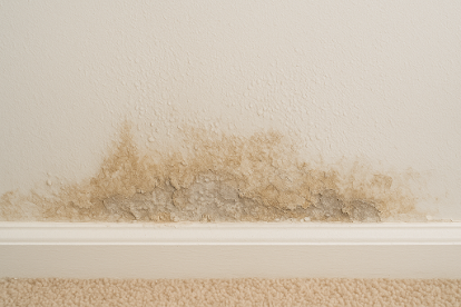 Close-up of a wall showing rising damp with brown stains, peeling paint, and moisture damage above the skirting board