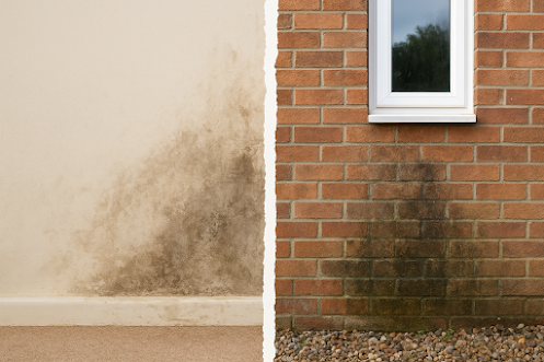 Split image showing rising damp — the left side displays interior wall damp and mould stains near the skirting board, while the right side shows exterior brickwork with visible damp patches beneath a window.